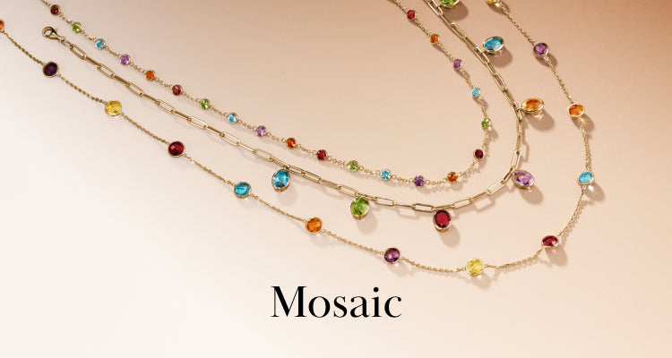 Four delicate gold necklaces adorned with colorful gemstones are arranged in curves against a soft beige background. The word “Mosaic” appears in black text at the bottom center of the image.