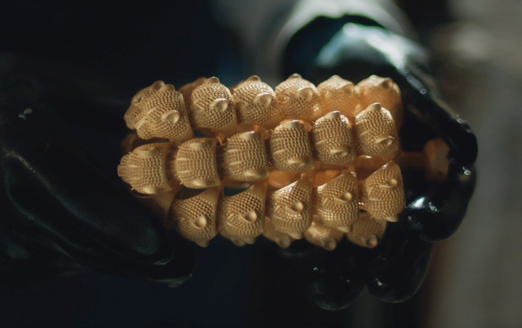 A person wearing black gloves holds a detailed gold-colored object featuring multiple small owl faces arranged in rows.