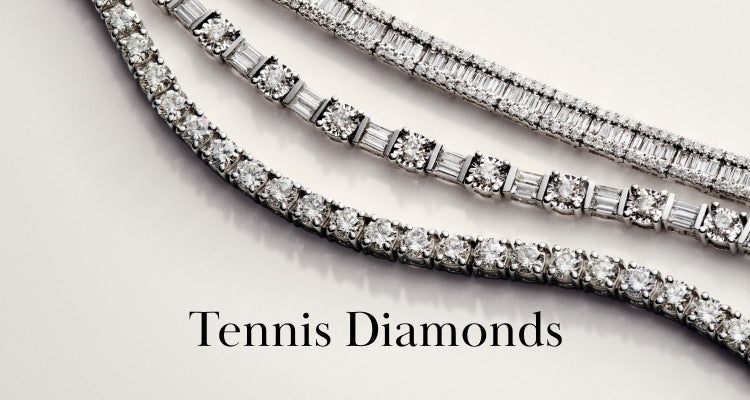 Three sparkling diamond tennis bracelets are displayed diagonally on a light background, with the text Tennis Diamonds written below them in black lettering.