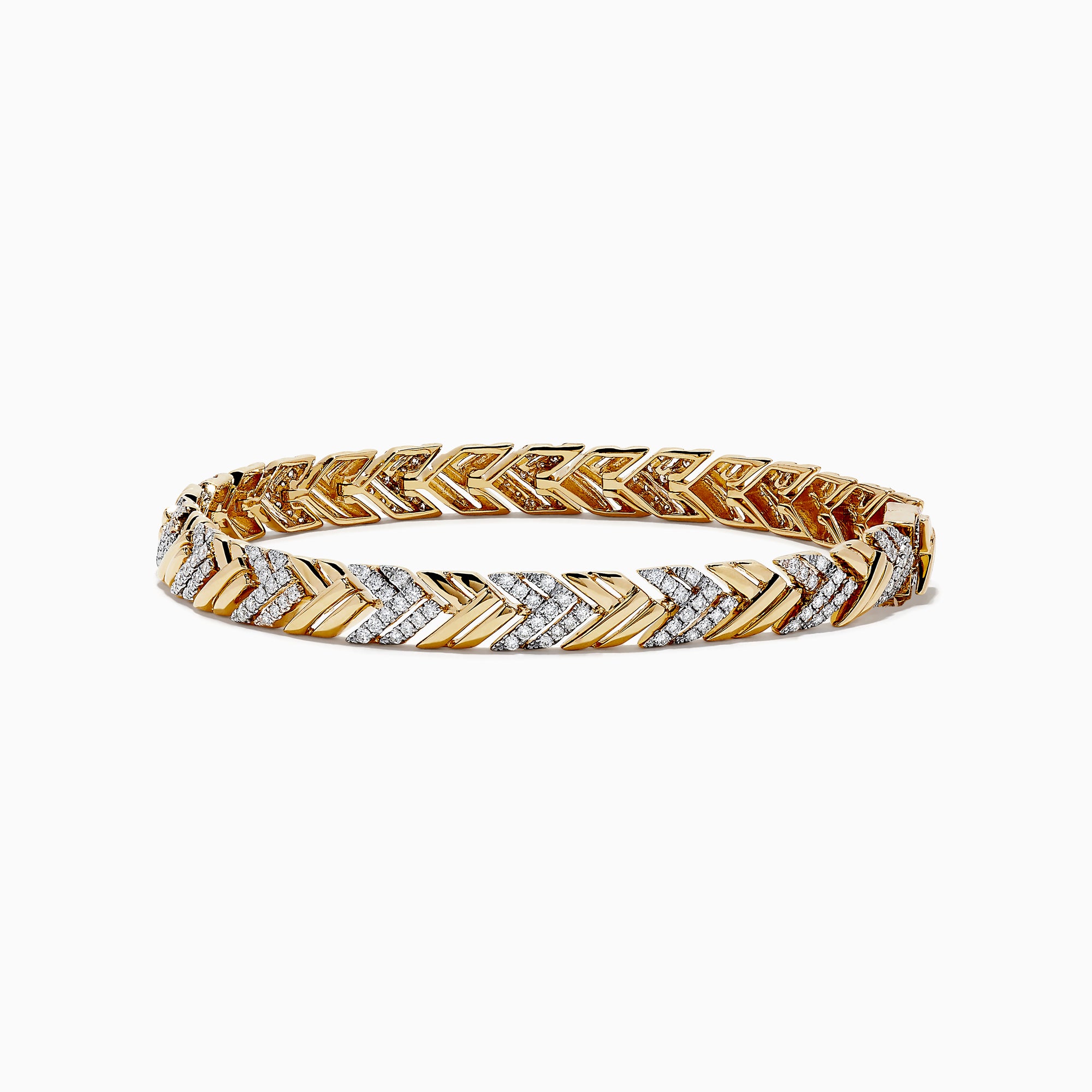 The Doro 14K Yellow Gold Braided Chain Link Diamond Bracelet, 1.39 TCW, showcases a chevron pattern with alternating gold and diamond-encrusted sections, elegantly displayed on a white background.