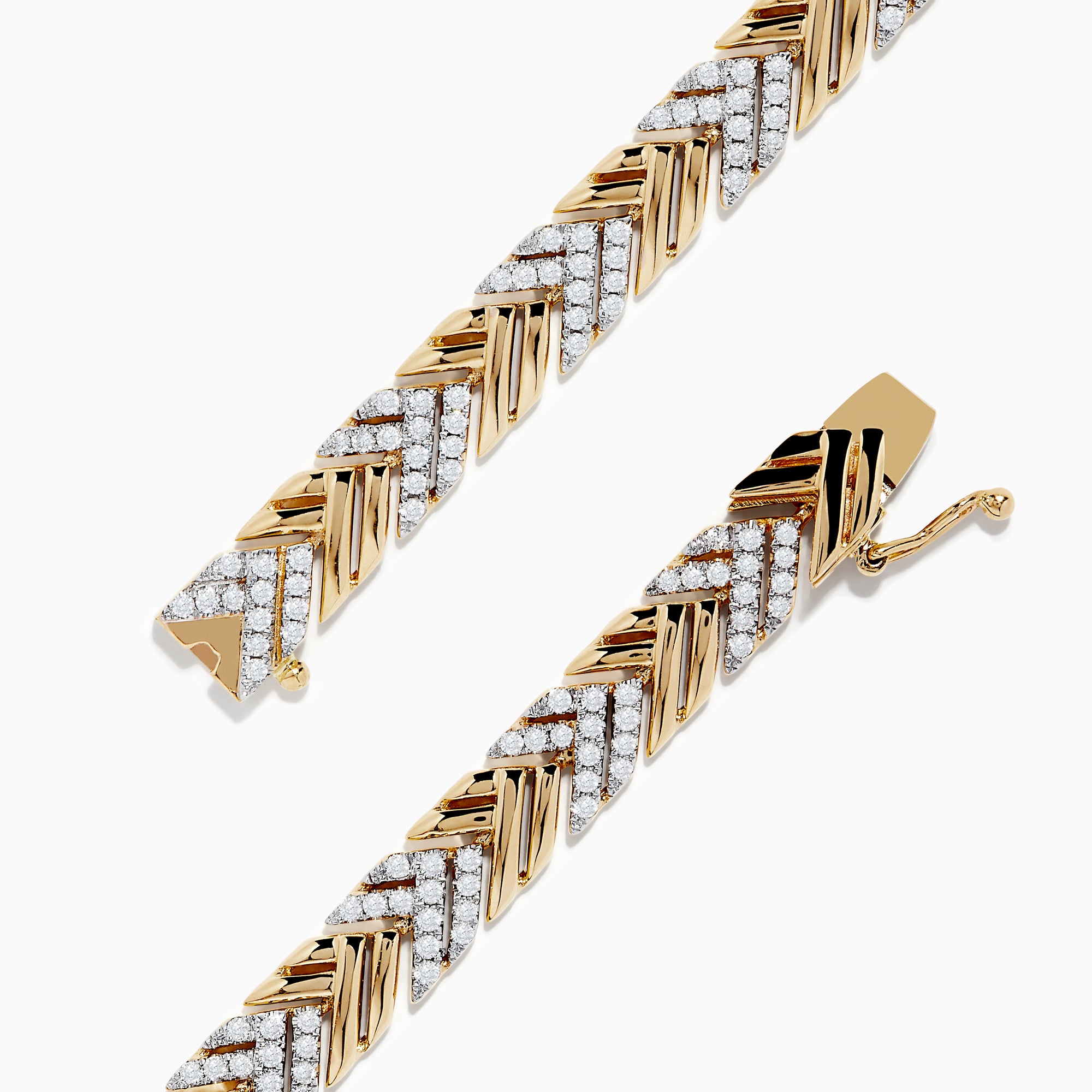 The Doro 14K Yellow Gold Braided Chain Link Diamond Bracelet, 1.39 TCW, showcases a chevron pattern with alternating gold and diamond-encrusted sections, elegantly displayed on a white background.