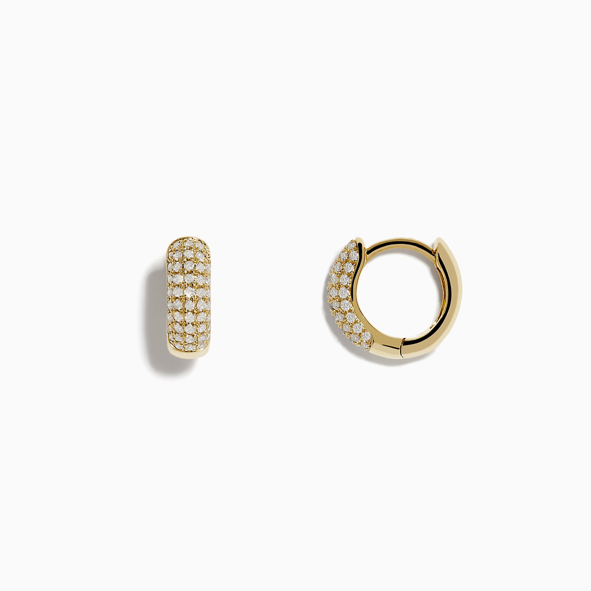 The DOro 14k Yellow Gold Pave Diamond 3/8 Huggie Earrings feature multiple rows of sparkling pave diamonds, beautifully set in small yellow gold hoops and showcased against a plain white background.