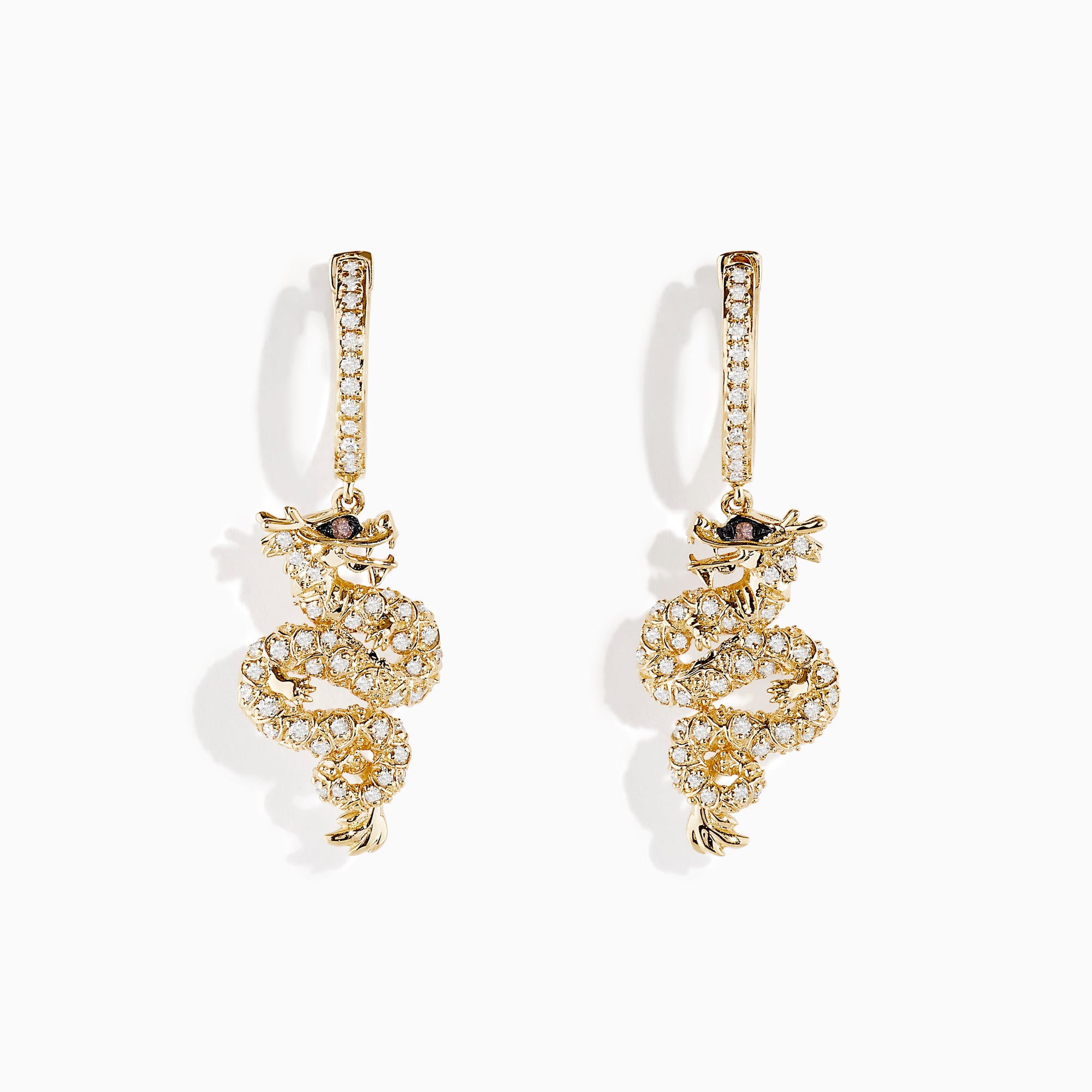 Safari 14K Yellow Gold Espresso and White Diamond Dragon Earrings feature intricate dragon shapes, crafted in 14K yellow gold with espresso and white diamonds, displayed against a white background.