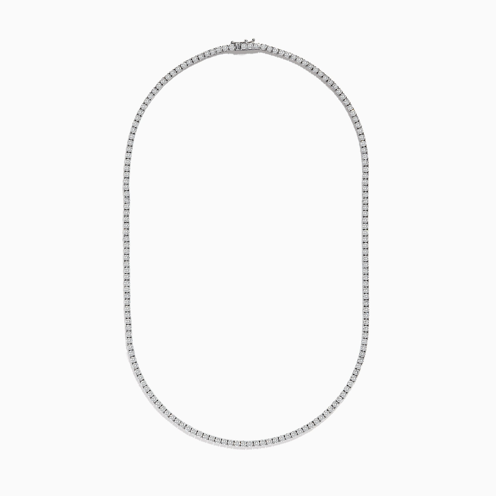 The Pave Classica 14K White Gold Diamond Tennis Necklace 10.51 TCW features small, round diamonds set closely in a continuous line, creating an elegant U-shape on a plain white background.