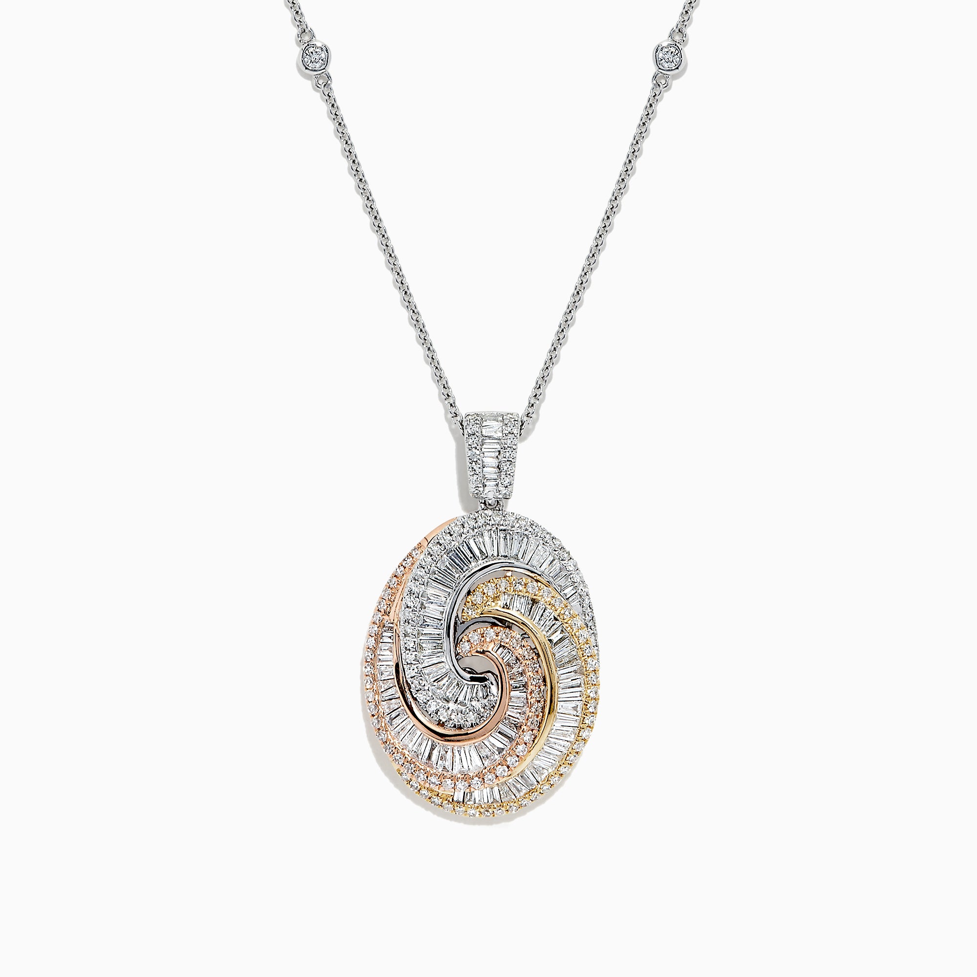 The Trio 14K Tri Color Gold Diamond Swirl Pendant, 1.28 TCW, features an intricate spiral of diamonds in three gold tones, gracefully suspended from a fine silver chain.