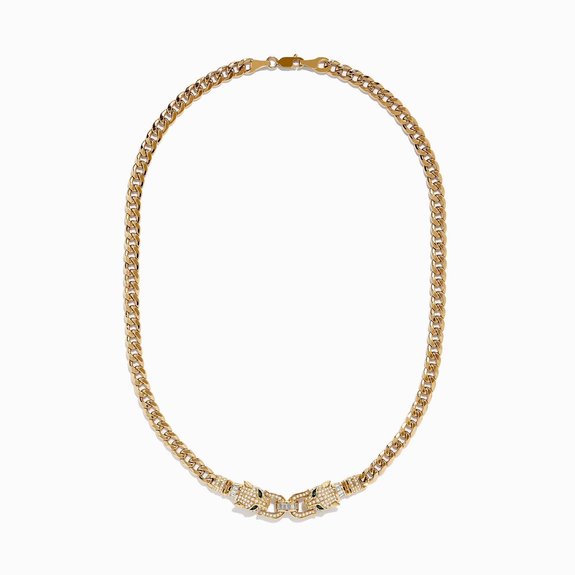 The Signature 14K Yellow Gold Diamond and Emerald Panther Necklace features two jeweled panther head clasps with green gemstone eyes and pavé diamond accents, facing each other at the center.
