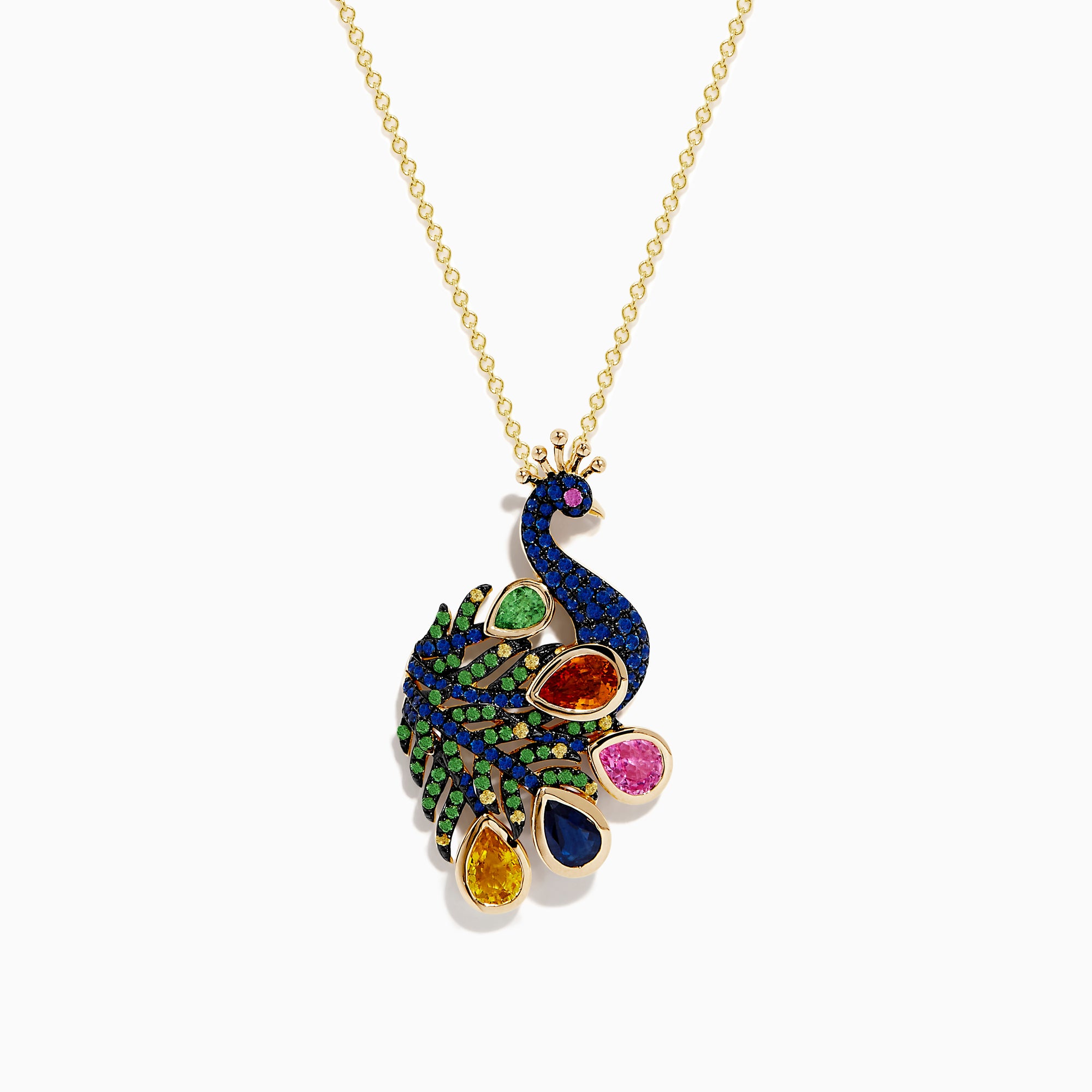 The Safari 14k Yellow Gold Multi Sapphire Peacock Pendant features a vibrant peacock design with blue, green, pink, yellow, and orange sapphire accents on a stunning gold chain necklace.