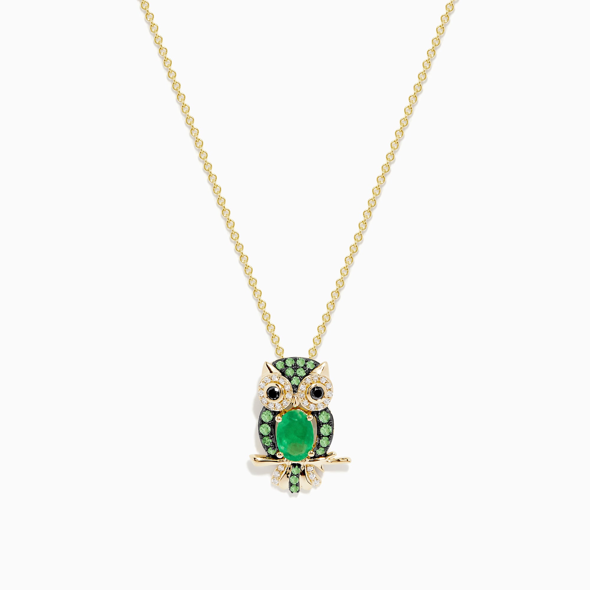 The Safari 14K Yellow Gold Emerald and Diamond Owl Pendant features a gold chain and owl design with an emerald-hued center gem and sparkling diamond accents on a gold branch.