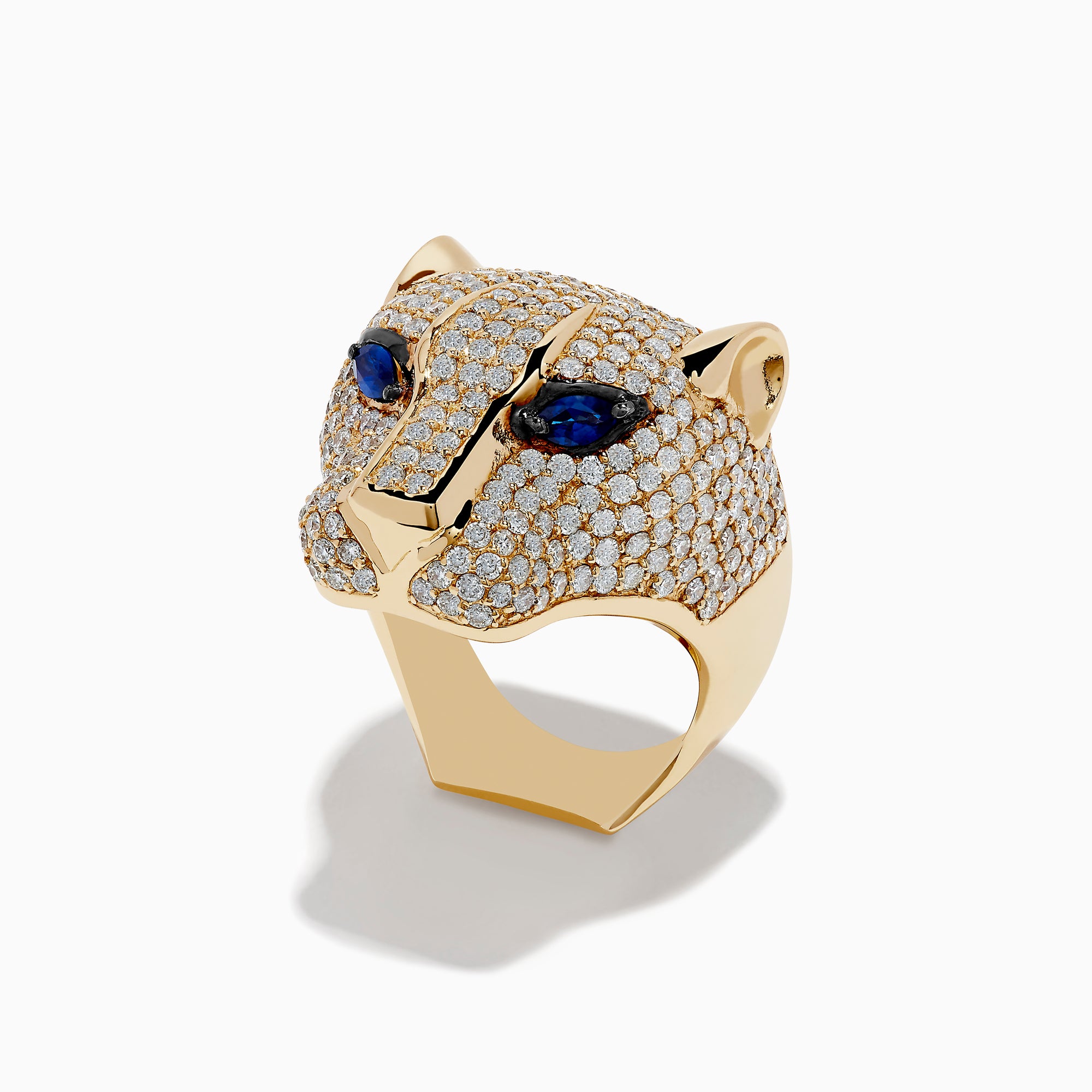 The Signature 14K Yellow Gold Sapphire and Diamond Panther Ring features a diamond-encrusted panther head with deep blue sapphire eyes, beautifully showcased against a plain white background.