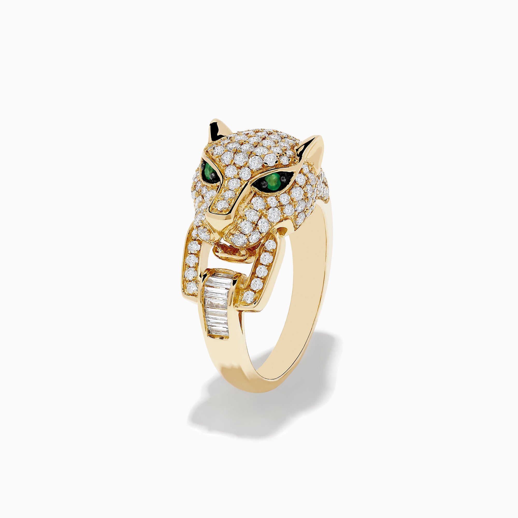 The Signature 14K Yellow Gold Diamond and Emerald Panther Ring showcases a panther’s head with diamond accents, vivid emerald eyes, and a rectangular diamond in its mouth, all set against a plain white background.