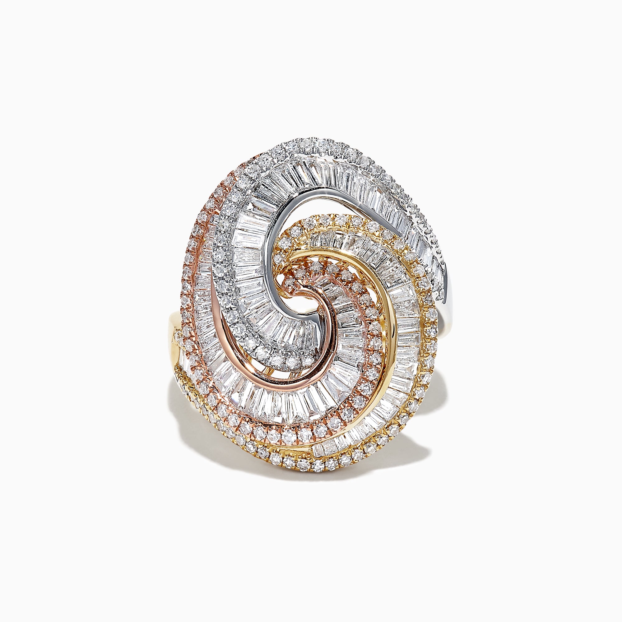 The Trio 14K Tri Color Gold Diamond Swirl Statement Ring, 1.66 TCW, features a spiral design with clear, pink, and yellow diamonds set in white, yellow, and rose gold for a luxurious look.