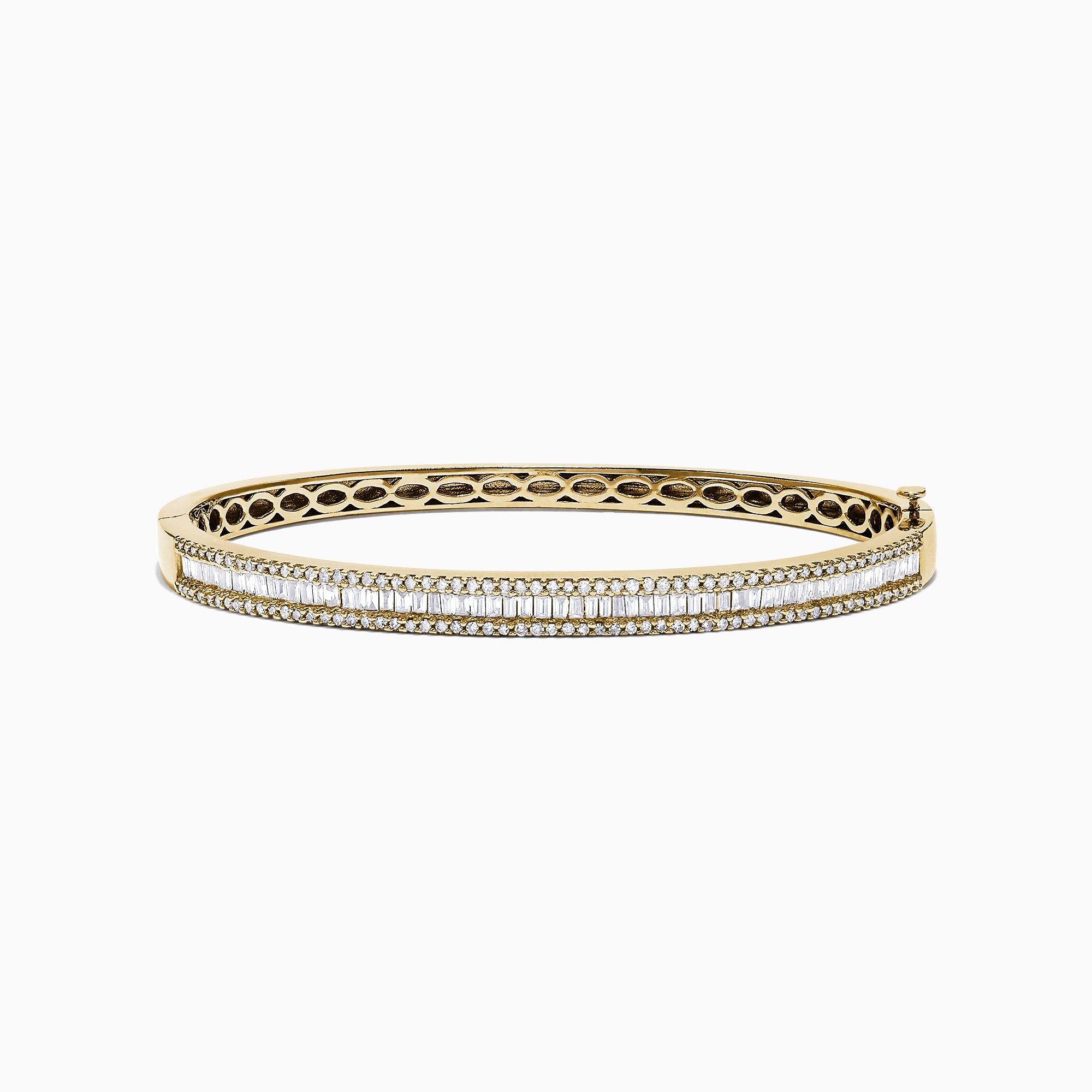 The DOro 14K Yellow Gold Diamond Bangle features two rows of sparkling white diamonds and a geometric cutout inner design—a sophisticated choice for any occasion.