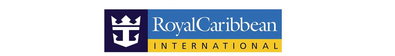Royal Caribbean International logo with a white crown and anchor symbol on a navy background, next to Royal Caribbean in white on blue, and INTERNATIONAL in dark blue on a yellow bar.