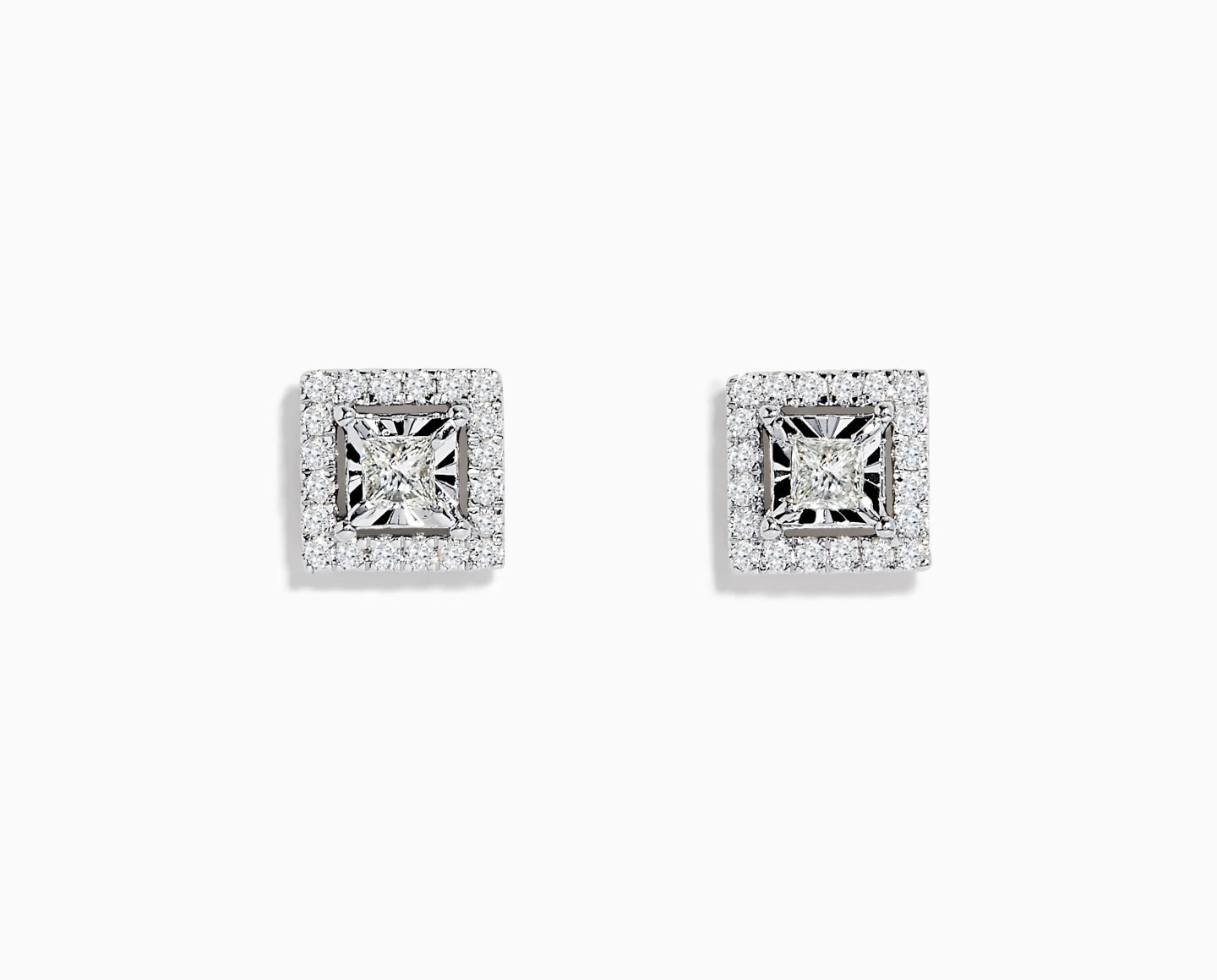A pair of rectangular diamond stud earrings with a central square-cut diamond, each surrounded by a border of smaller round diamonds, set in white metal against a white background.