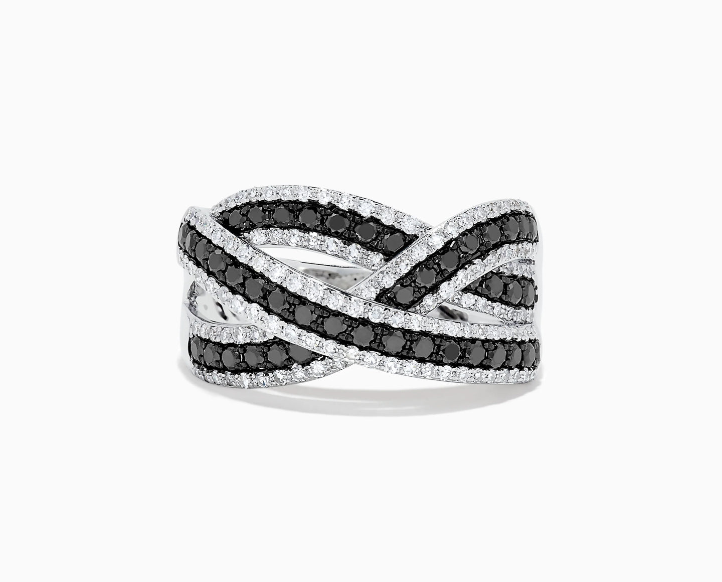 A wide silver ring with interwoven bands, featuring rows of small black gemstones bordered by sparkling white stones in a crisscross design.