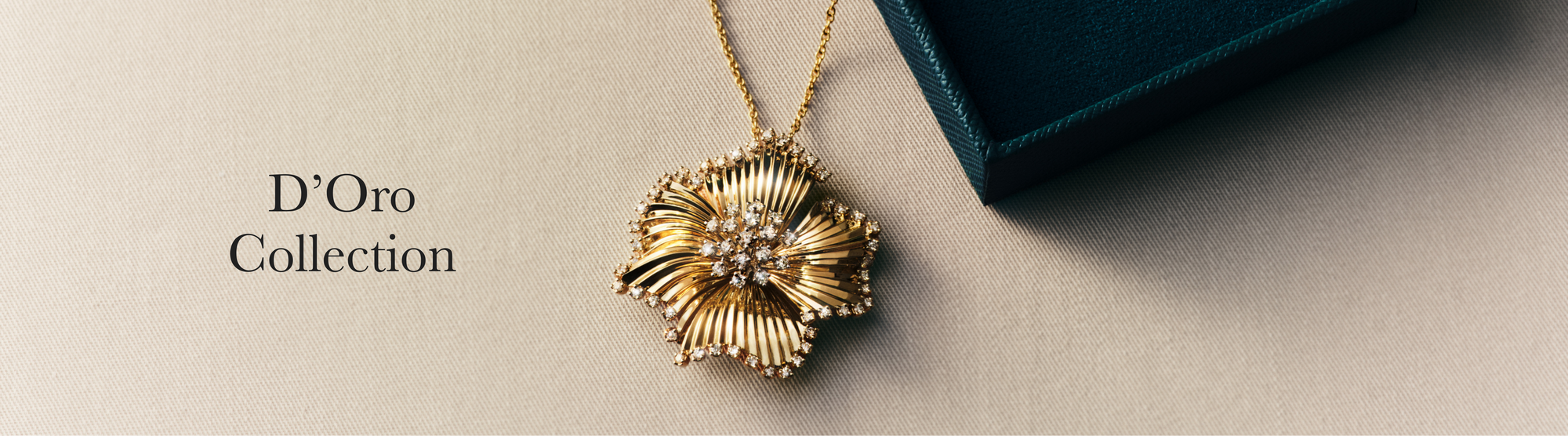 A gold bangle with interlocking bands rests on white tissue paper, next to the text DOro on a dark green background.